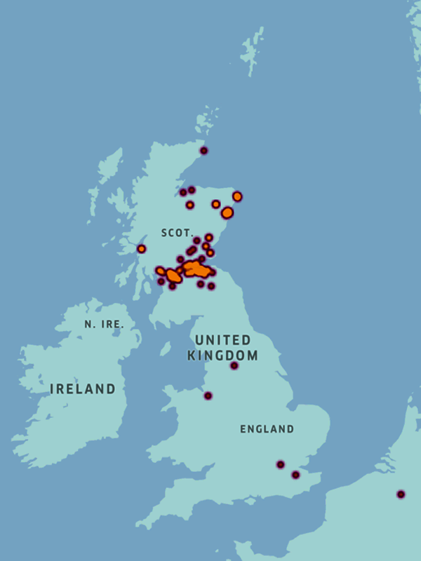 Great Britain map showing concentration of members in Scotland, with a few in north of England, London and Belgium.