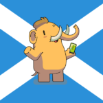 Cute mastodon holding a smartphone in front of a giant saltire (flag of Scotland).