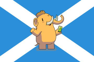 Cute mastodon holding a smartphone in front of a giant saltire (flag of Scotland).