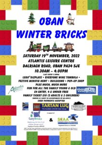 Saturday 19th November 2022.
Atlantis Leisure Centre, Dalriach Road, Oban PA34 5JE.
10.30am - 4.00pm (last entry 3.30pm).
Lego displays, everyone wins tombola, festive Minifig hunt, buildzone and pop-up shop.
Fun for all the family, young & old!
£4 Entry, 4 & Under Free.
Family ticket £10 (2 adults & 2 children).
(Under 16's must be accompanied by an adult).
Card payments accepted.