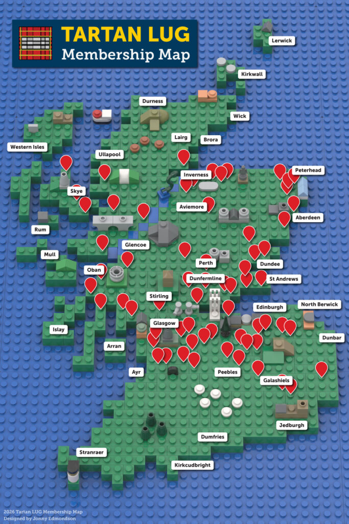 Map of Scotland made of LEGO. There are small unique points of interest built all over the map with labels of different cities and isles. Finally, there are red map markers dotted in which areas members approximately reside.