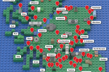 Map of Scotland made of LEGO. There are small unique points of interest built all over the map with labels of different cities and isles. Finally, there are red map markers dotted in which areas members approximately reside.